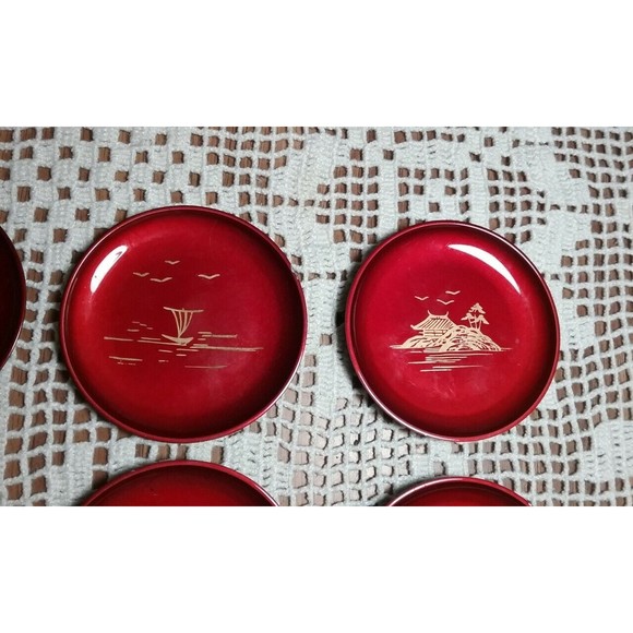 Dining Japanese Lacquerware Coasters Box Set Of 6 Red Black Gold
